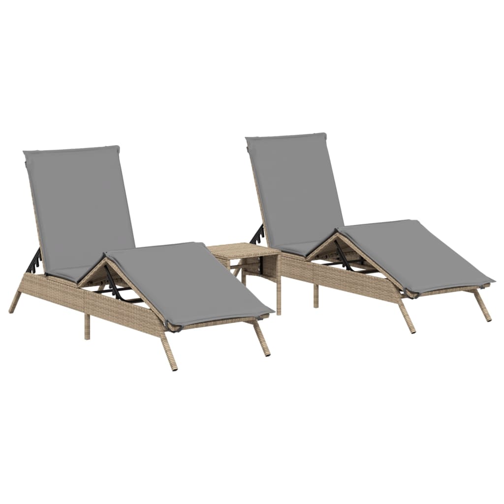 Chaises longues 2 pcs avec table en polyrotin beige