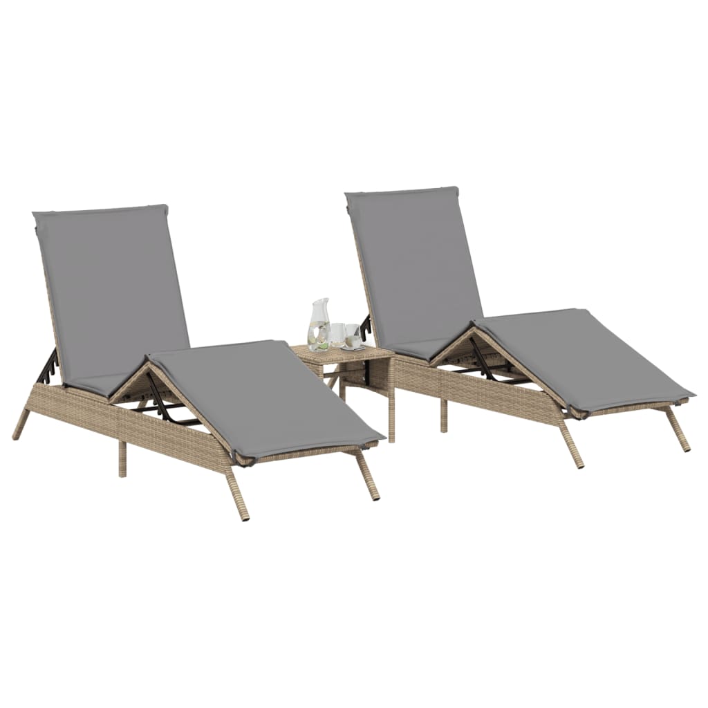 Chaises longues 2 pcs avec table en polyrotin beige