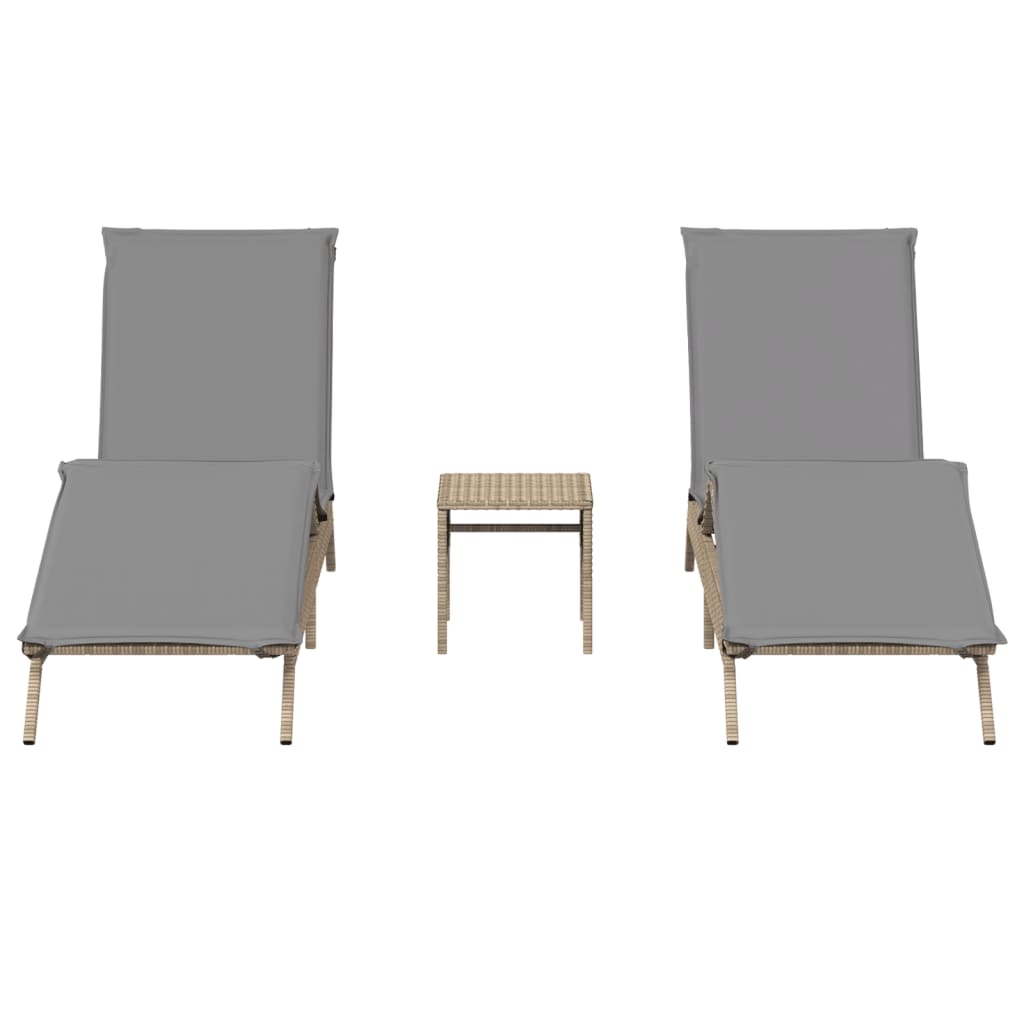 Chaises longues 2 pcs avec table en polyrotin beige