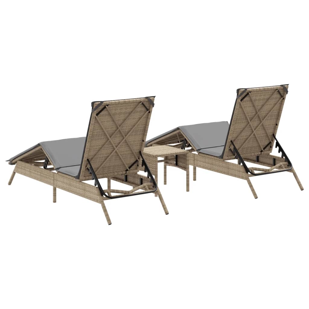 Chaises longues 2 pcs avec table en polyrotin beige