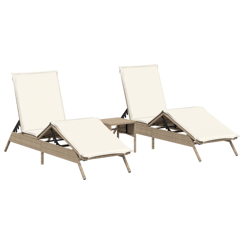 Chaises longues 2 pcs avec table en polyrotin beige