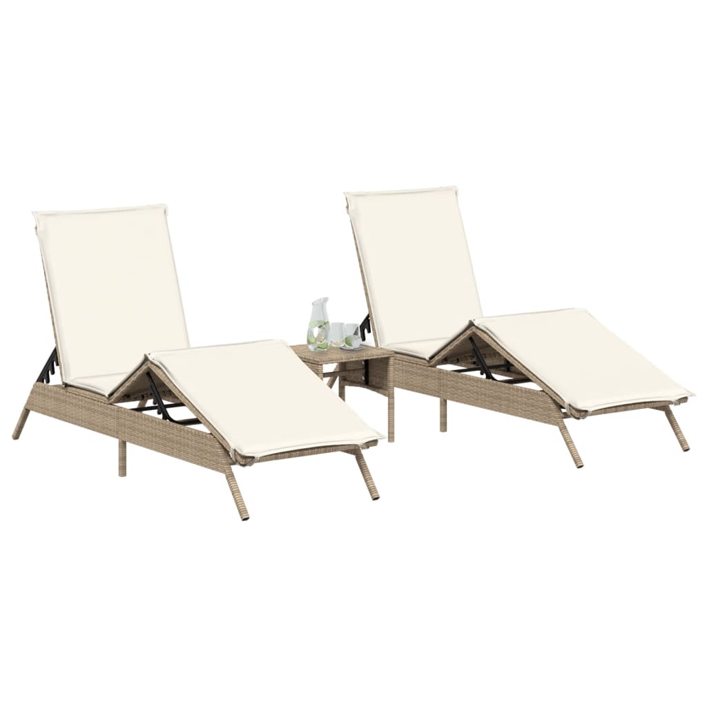 Chaises longues 2 pcs avec table en polyrotin beige