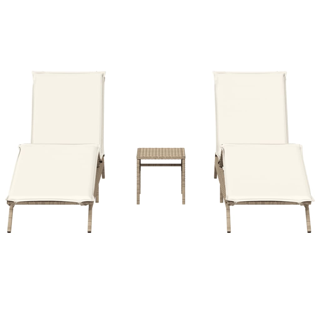 Chaises longues 2 pcs avec table en polyrotin beige