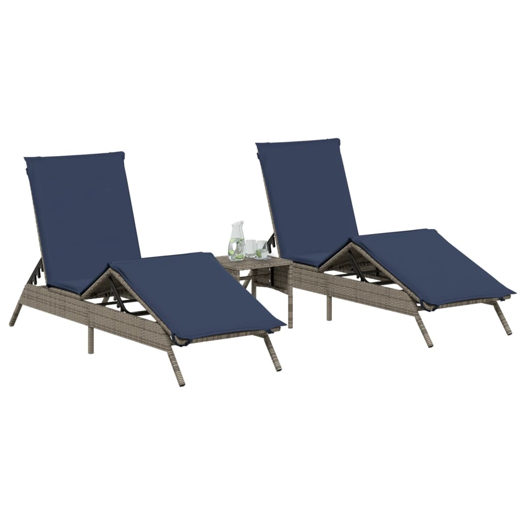 Sun Loungers 2 pcs. with Table Grey Poly Rattan