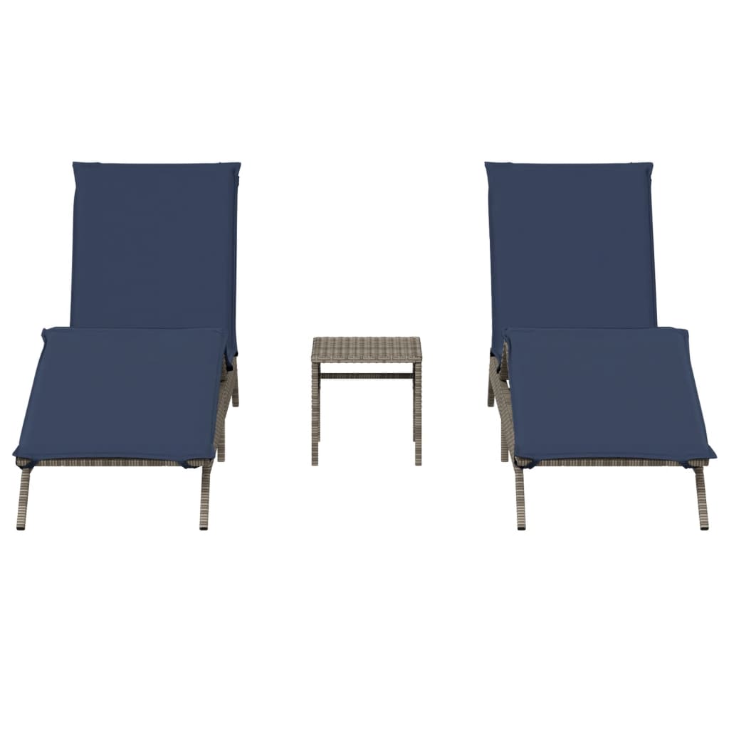 Sun Loungers 2 pcs. with Table Grey Poly Rattan