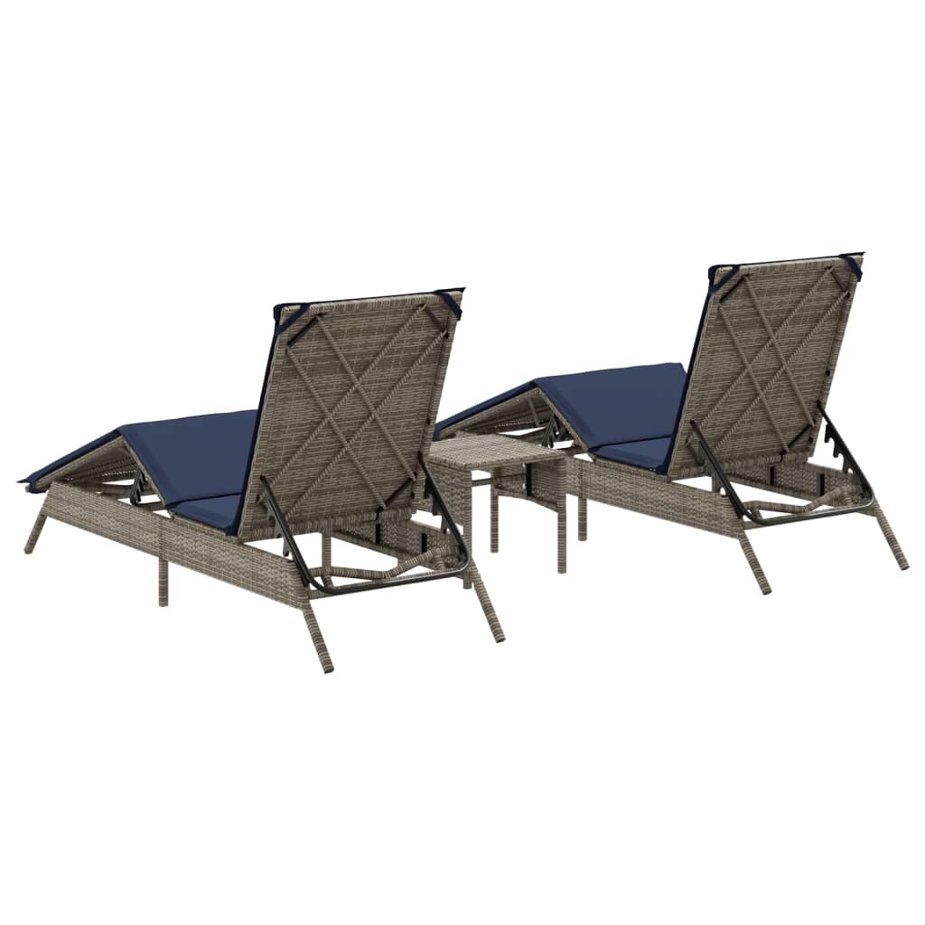 Sun Loungers 2 pcs. with Table Grey Poly Rattan