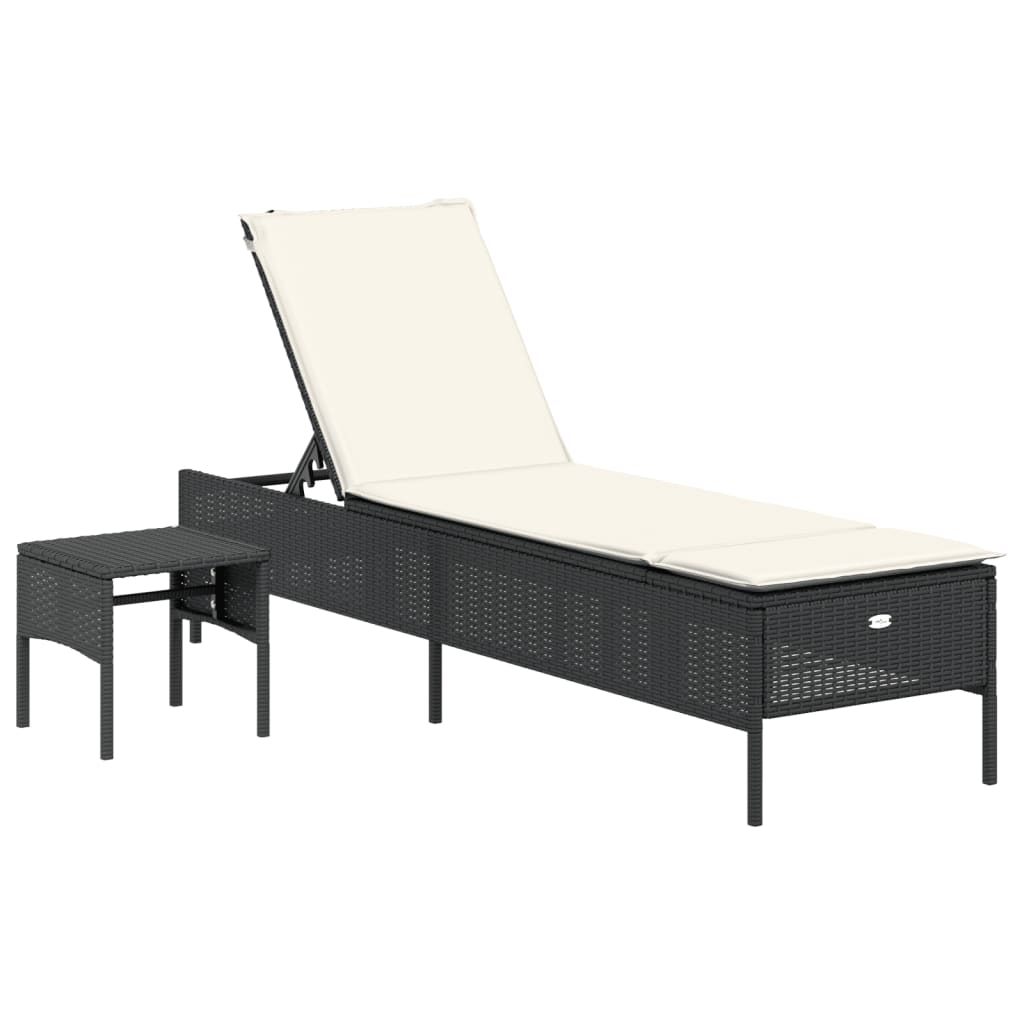 Bain de soleil avec table et coussin en polyrotin noir