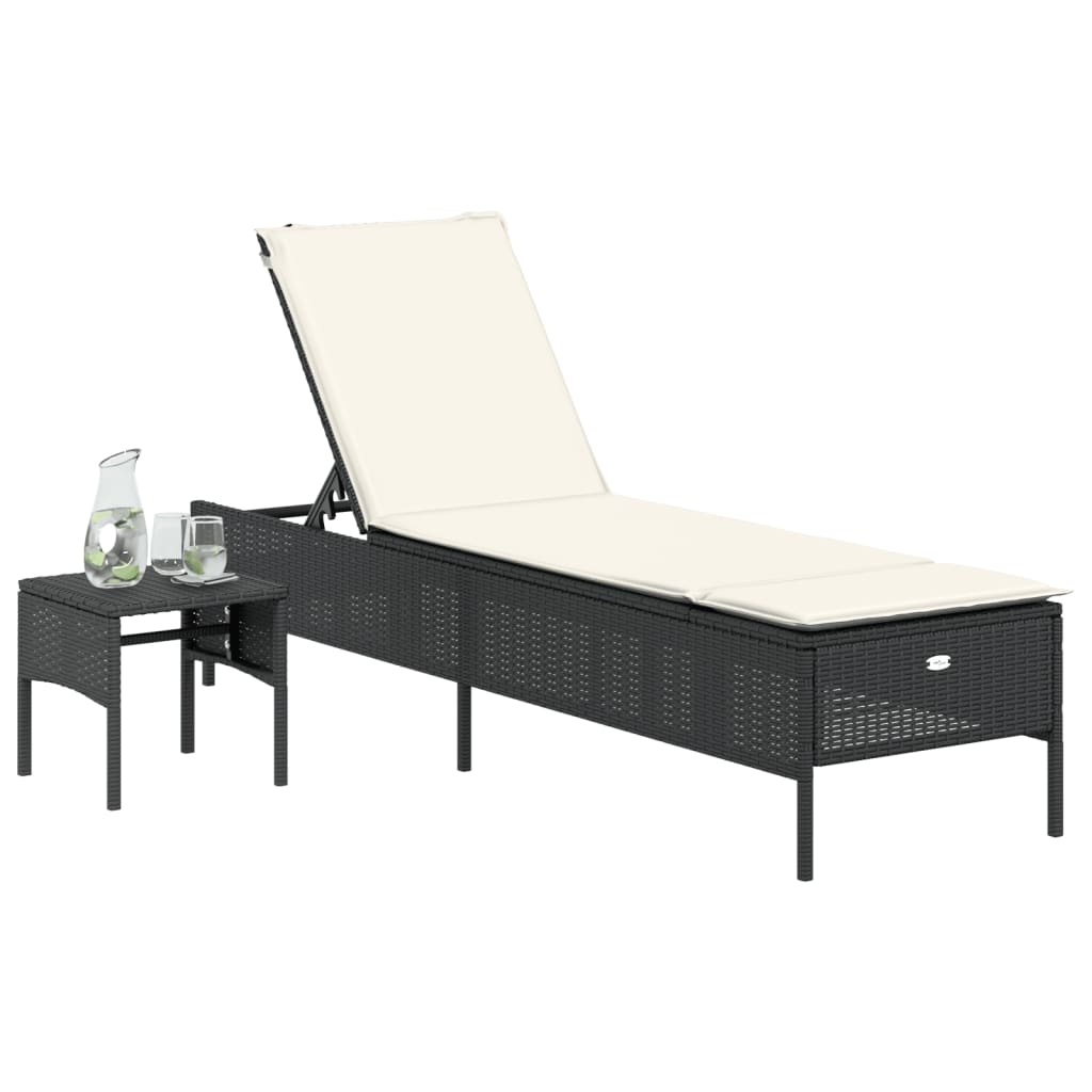 Bain de soleil avec table et coussin en polyrotin noir