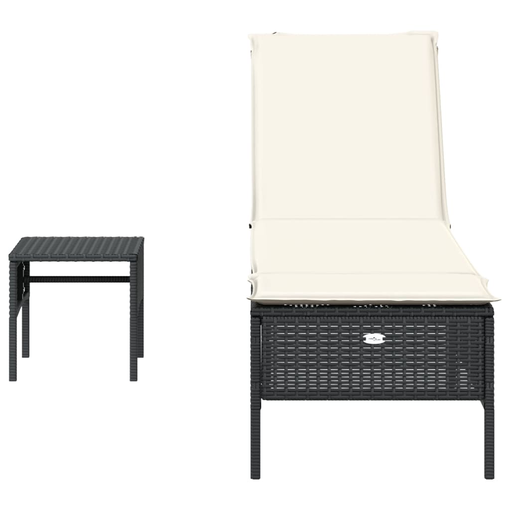 Bain de soleil avec table et coussin en polyrotin noir