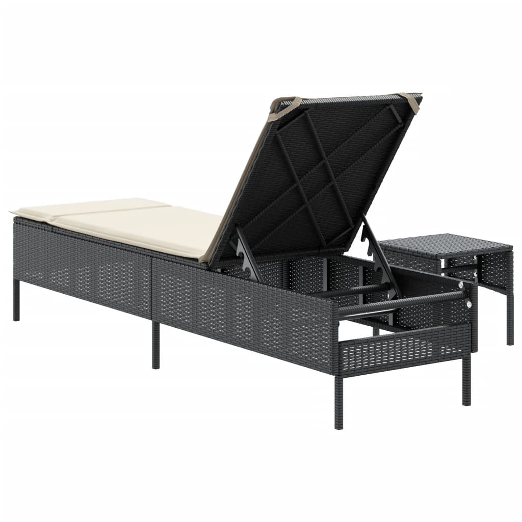 Bain de soleil avec table et coussin en polyrotin noir