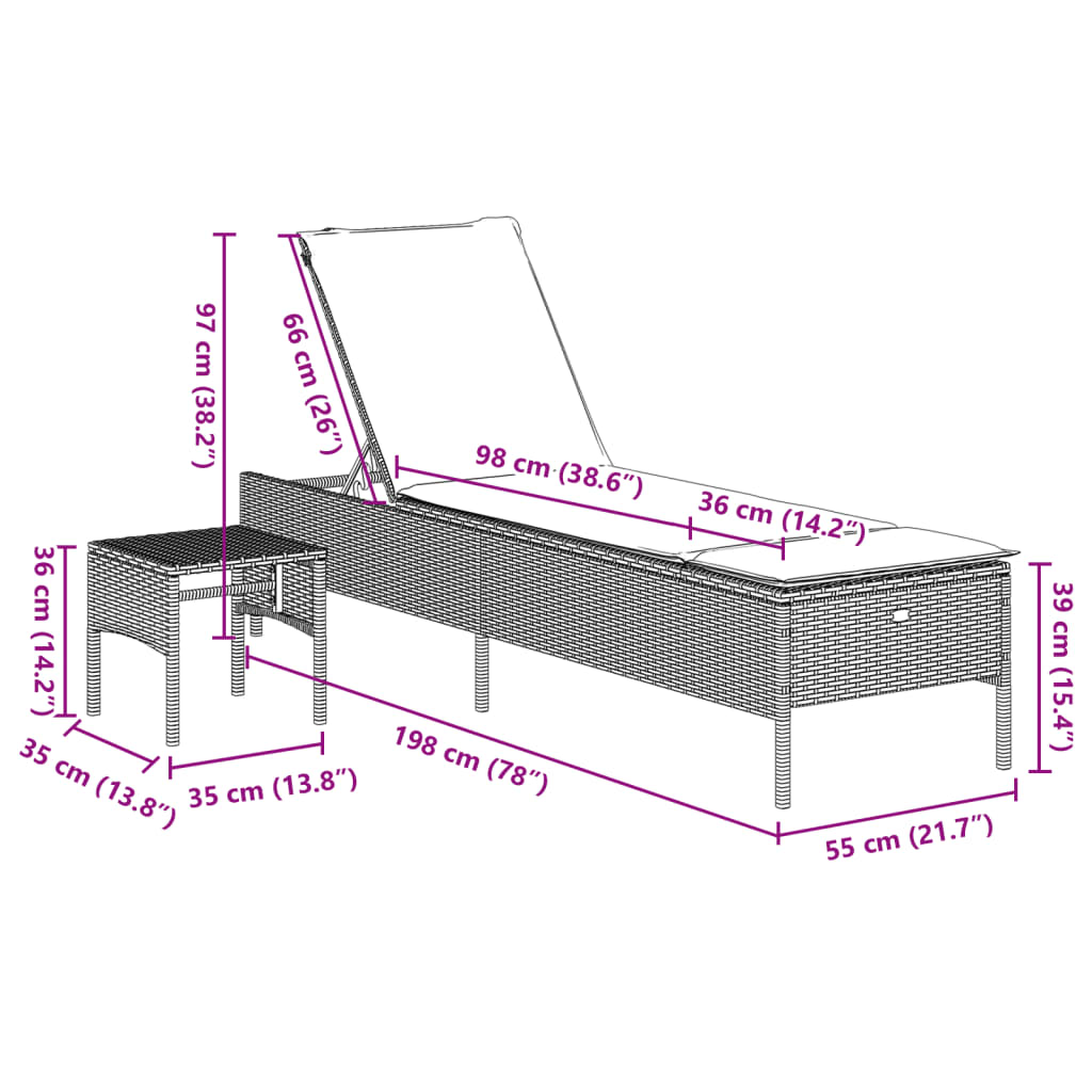 Bain de soleil avec table et coussin en polyrotin noir