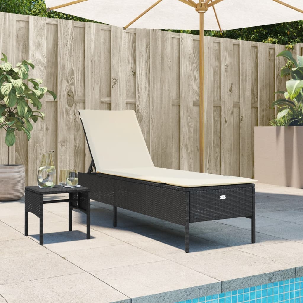 Bain de soleil avec table et coussin en polyrotin noir