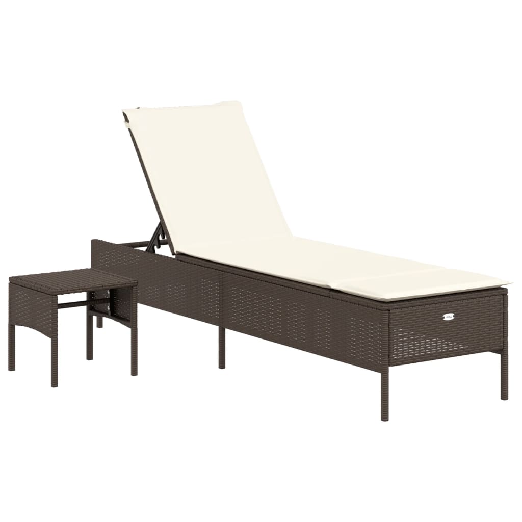 Bain de soleil avec table et coussin en polyrotin marron