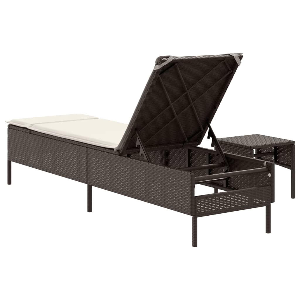 Bain de soleil avec table et coussin en polyrotin marron