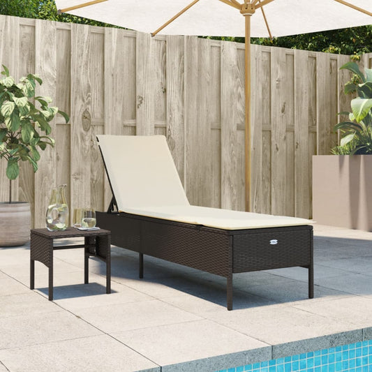 Bain de soleil avec table et coussin en polyrotin marron