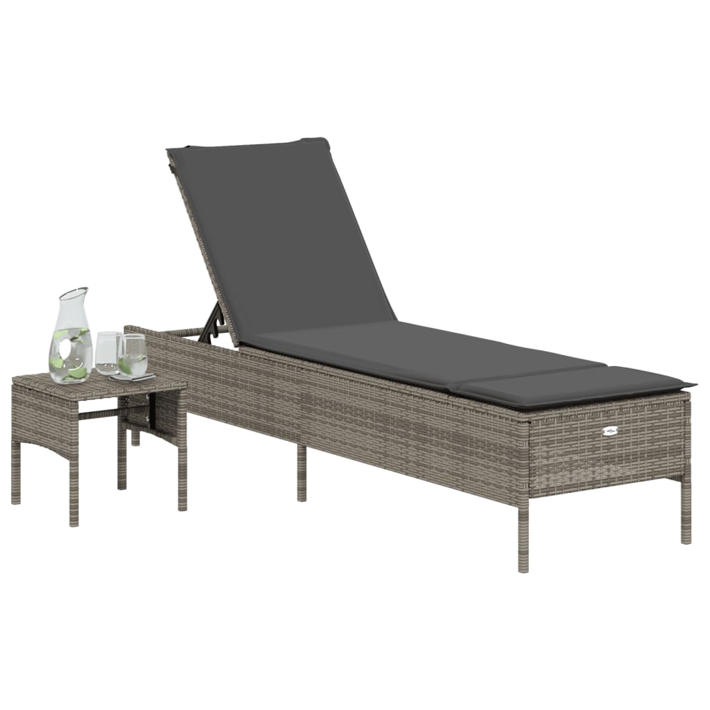 Bain de soleil avec table et coussin en polyrotin gris