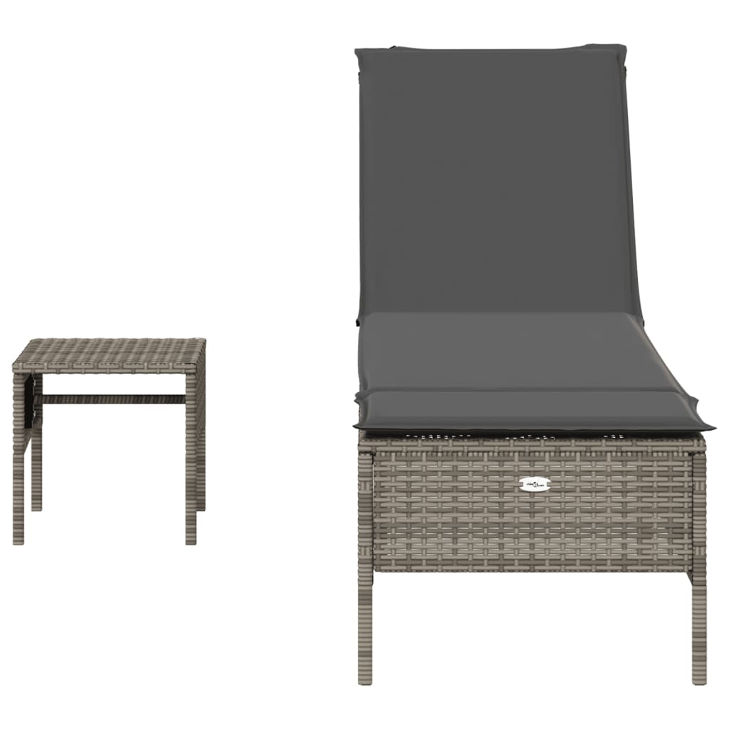 Bain de soleil avec table et coussin en polyrotin gris