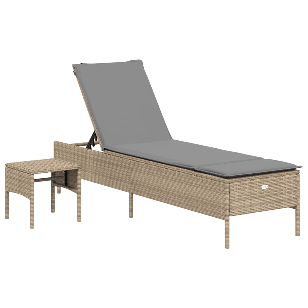 Bain de soleil avec table et coussin en polyrotin beige