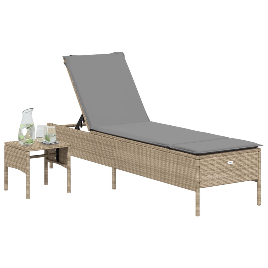 Bain de soleil avec table et coussin en polyrotin beige