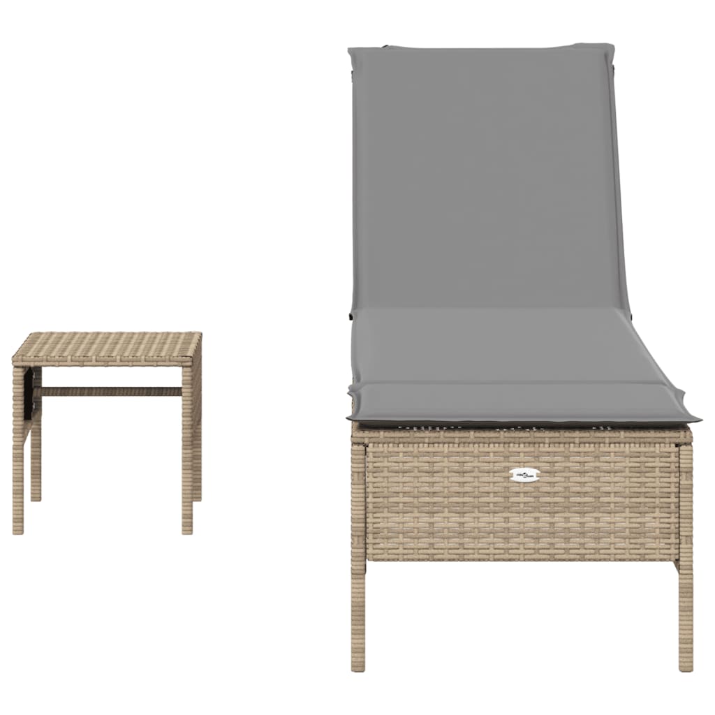 Bain de soleil avec table et coussin en polyrotin beige