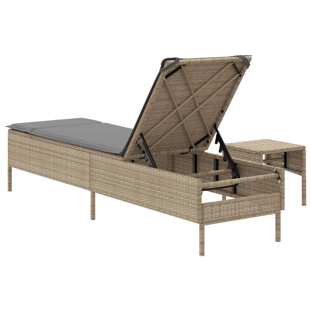 Bain de soleil avec table et coussin en polyrotin beige