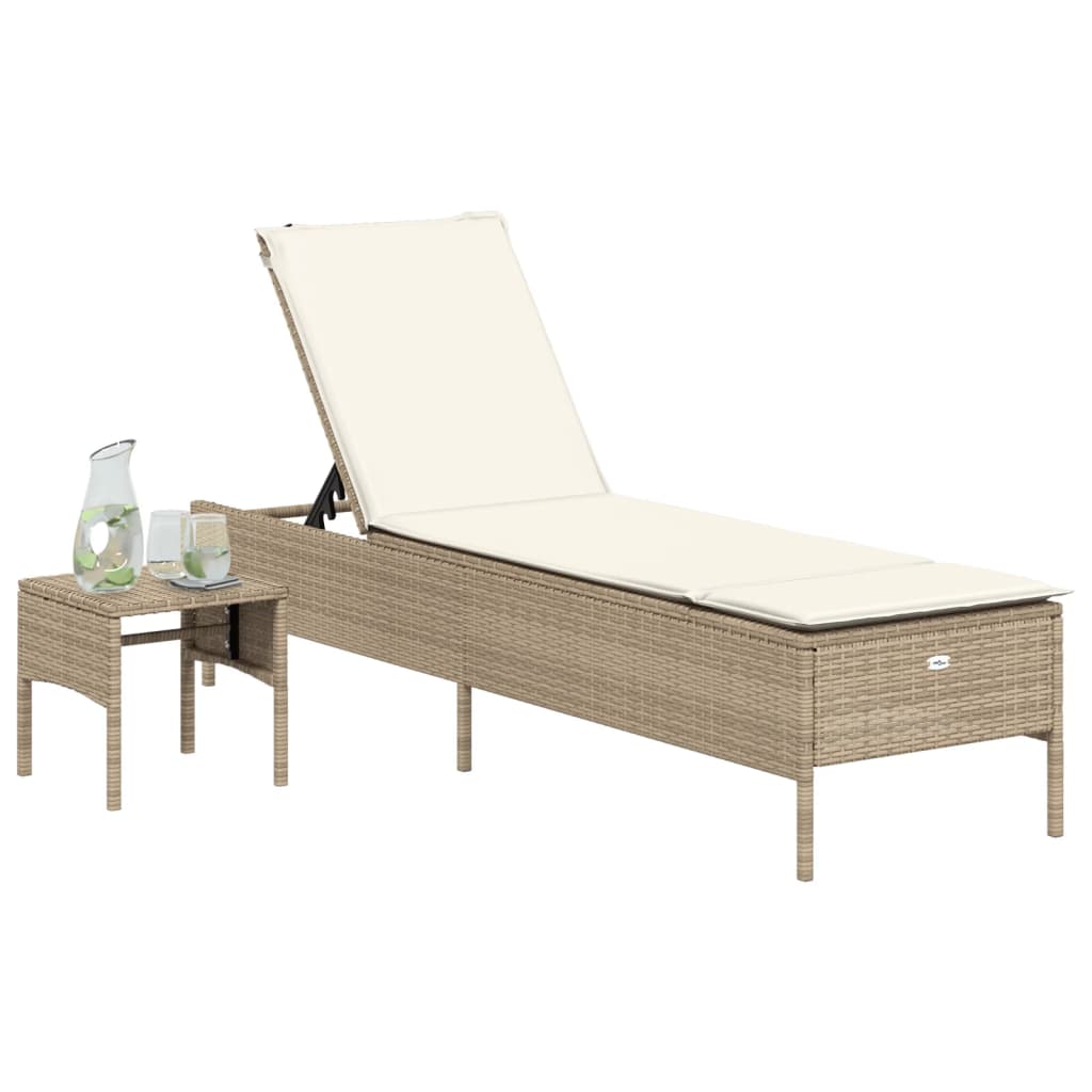 Bain de soleil avec table et coussin en polyrotin beige