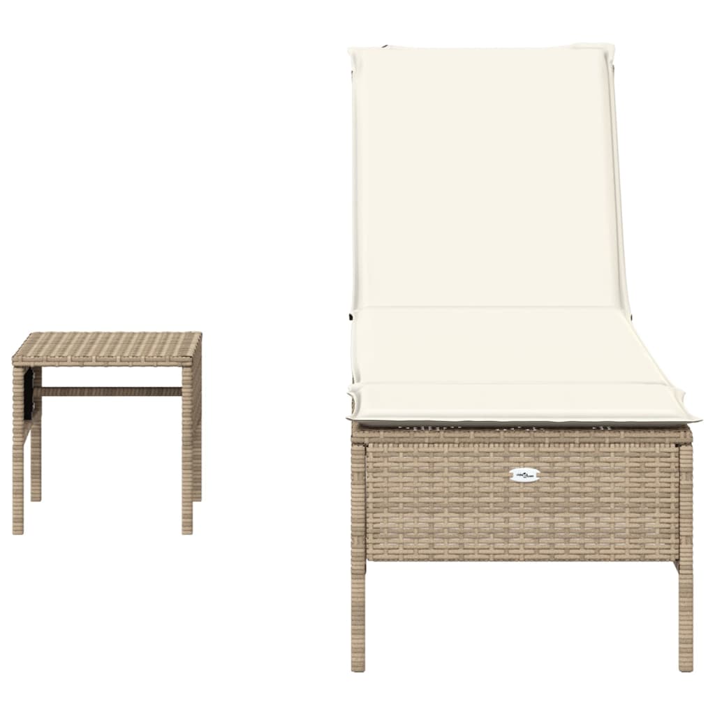 Bain de soleil avec table et coussin en polyrotin beige