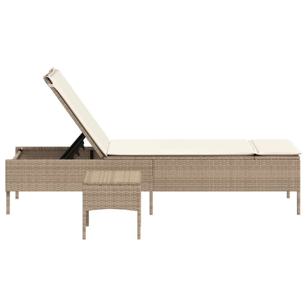 Sonnenliege mit Tisch und Auflage Beige Poly Rattan