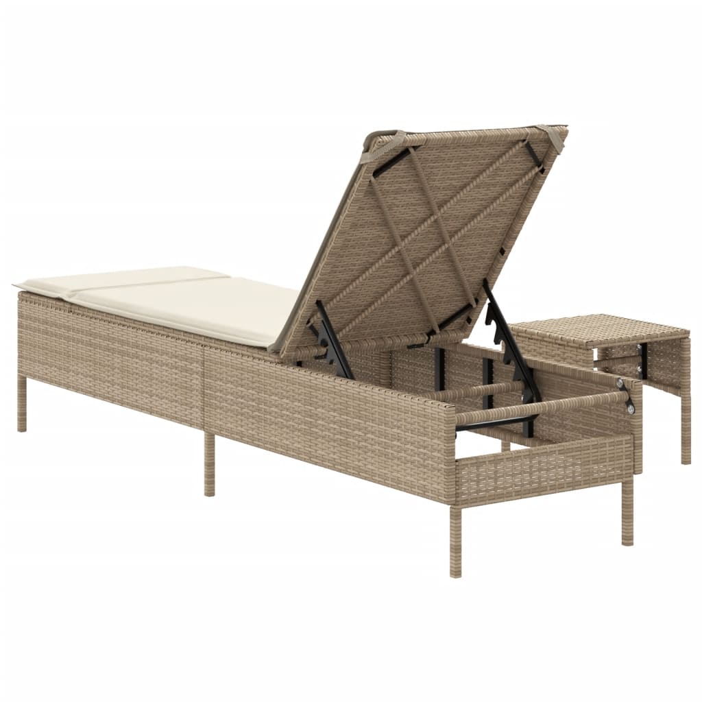 Bain de soleil avec table et coussin en polyrotin beige