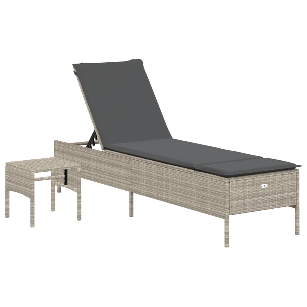 Sonnenliege mit Tisch und Auflage Hellgrau Poly Rattan