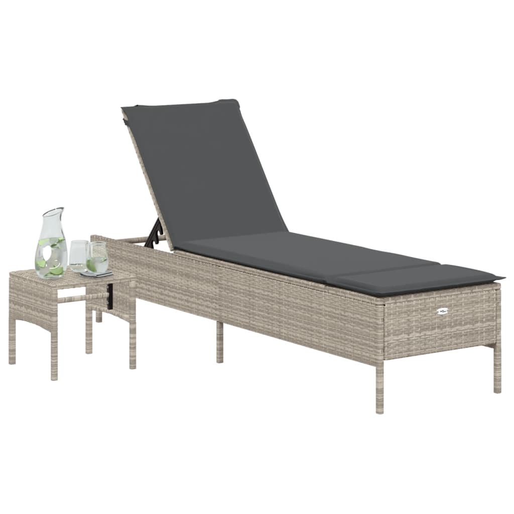 Bain de soleil avec table et coussin en polyrotin gris clair