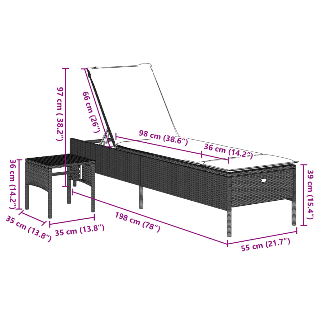 Bain de soleil avec table et coussin en polyrotin gris clair