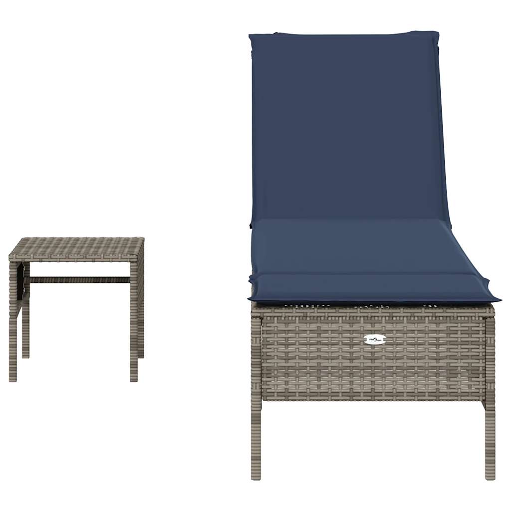Sonnenliege mit Tisch und Kissen Grau Poly Rattan