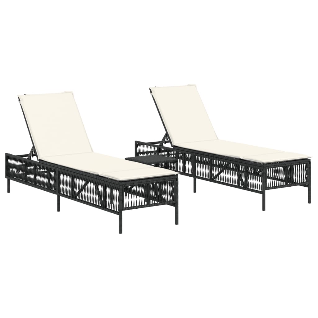 Chaises longues 2 pcs avec table en polyrotin noir