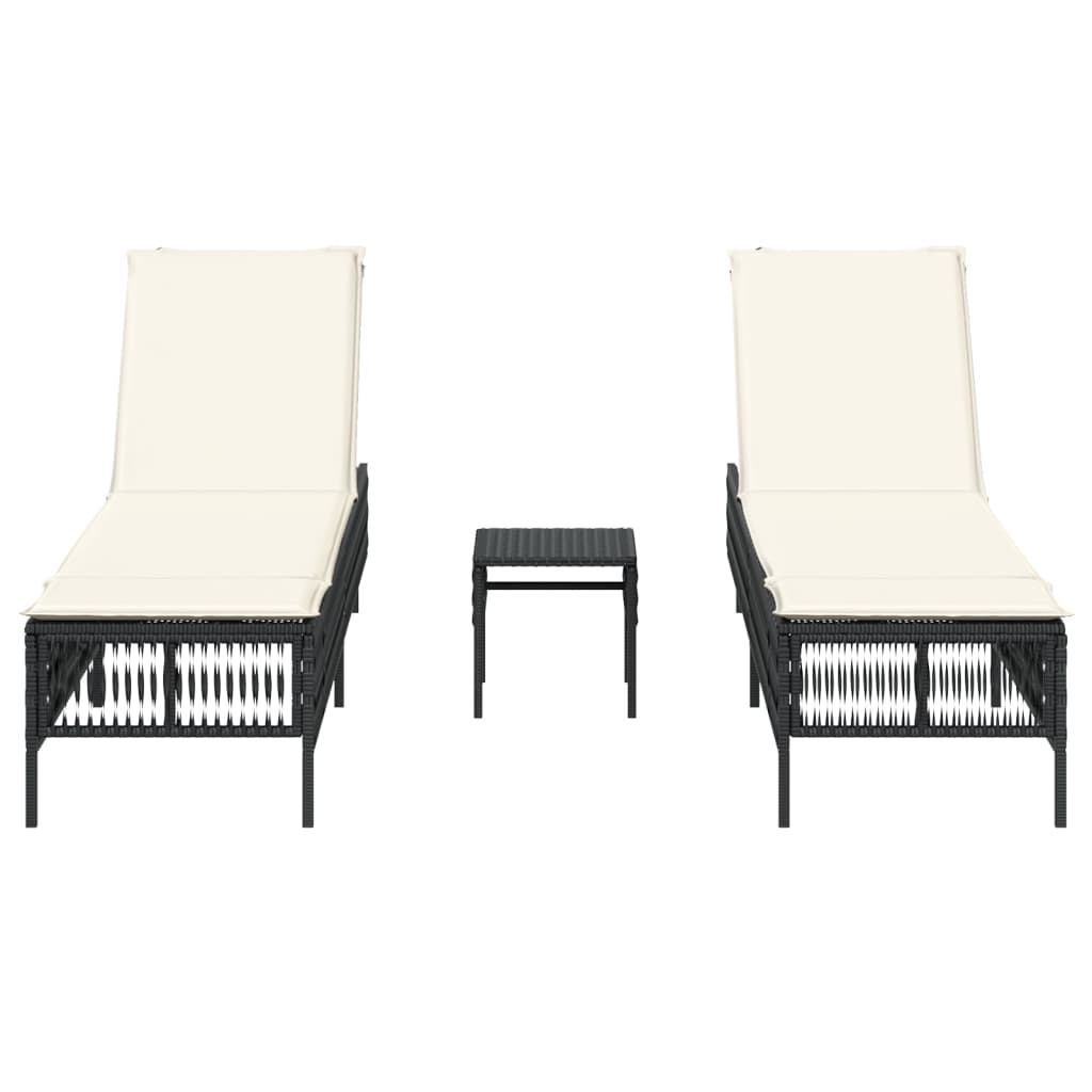 Chaises longues 2 pcs avec table en polyrotin noir