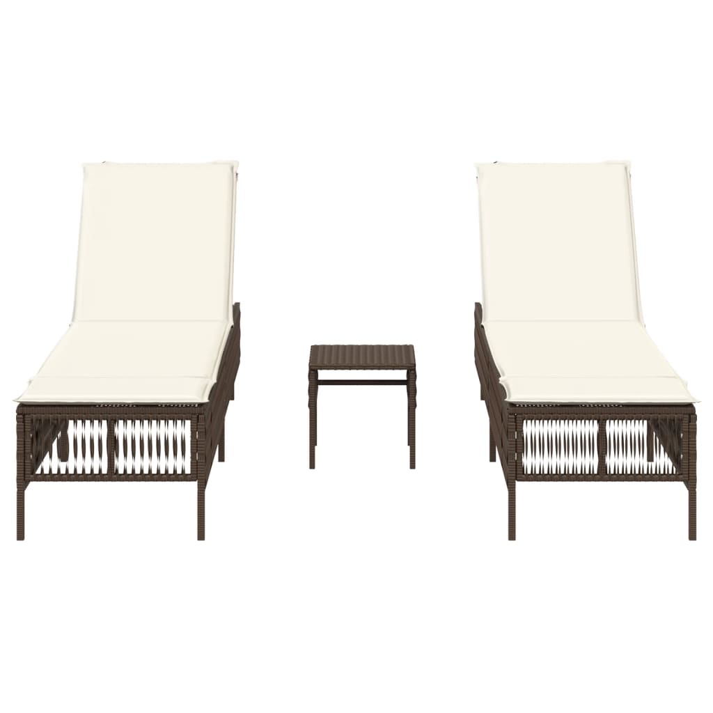 Chaises longues 2 pcs avec table en polyrotin marron