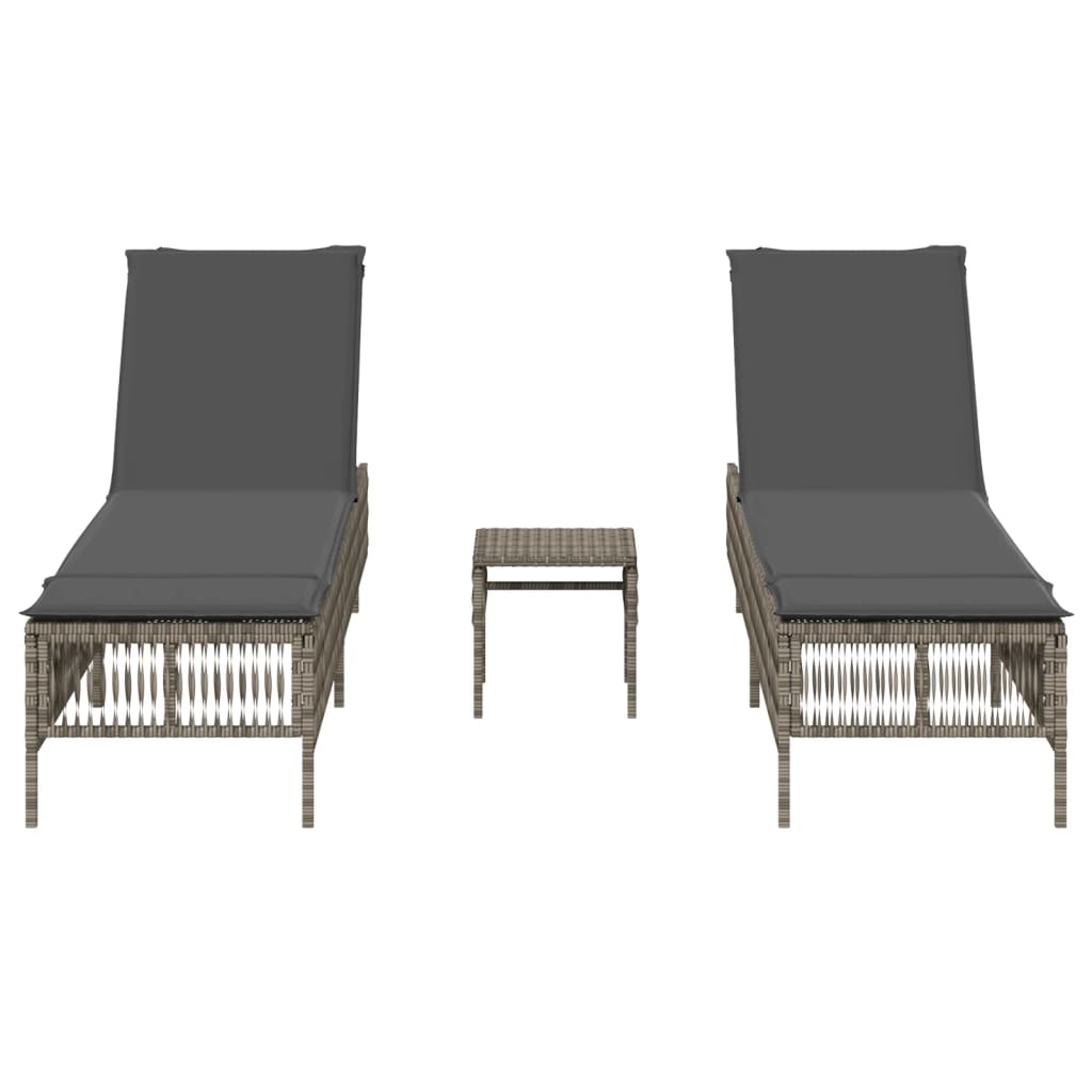 Chaises longues 2 pcs avec table en polyrotin gris