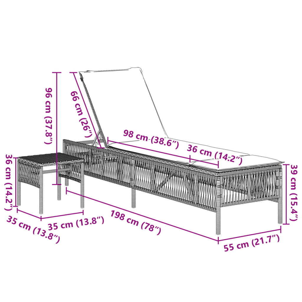 Sonnenliegen 2 Stk. mit Tisch Grau Poly Rattan