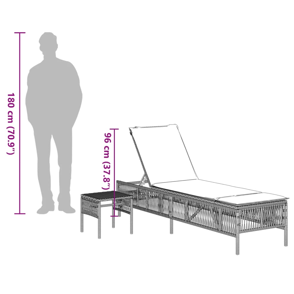 Chaises longues 2 pcs avec table en polyrotin gris