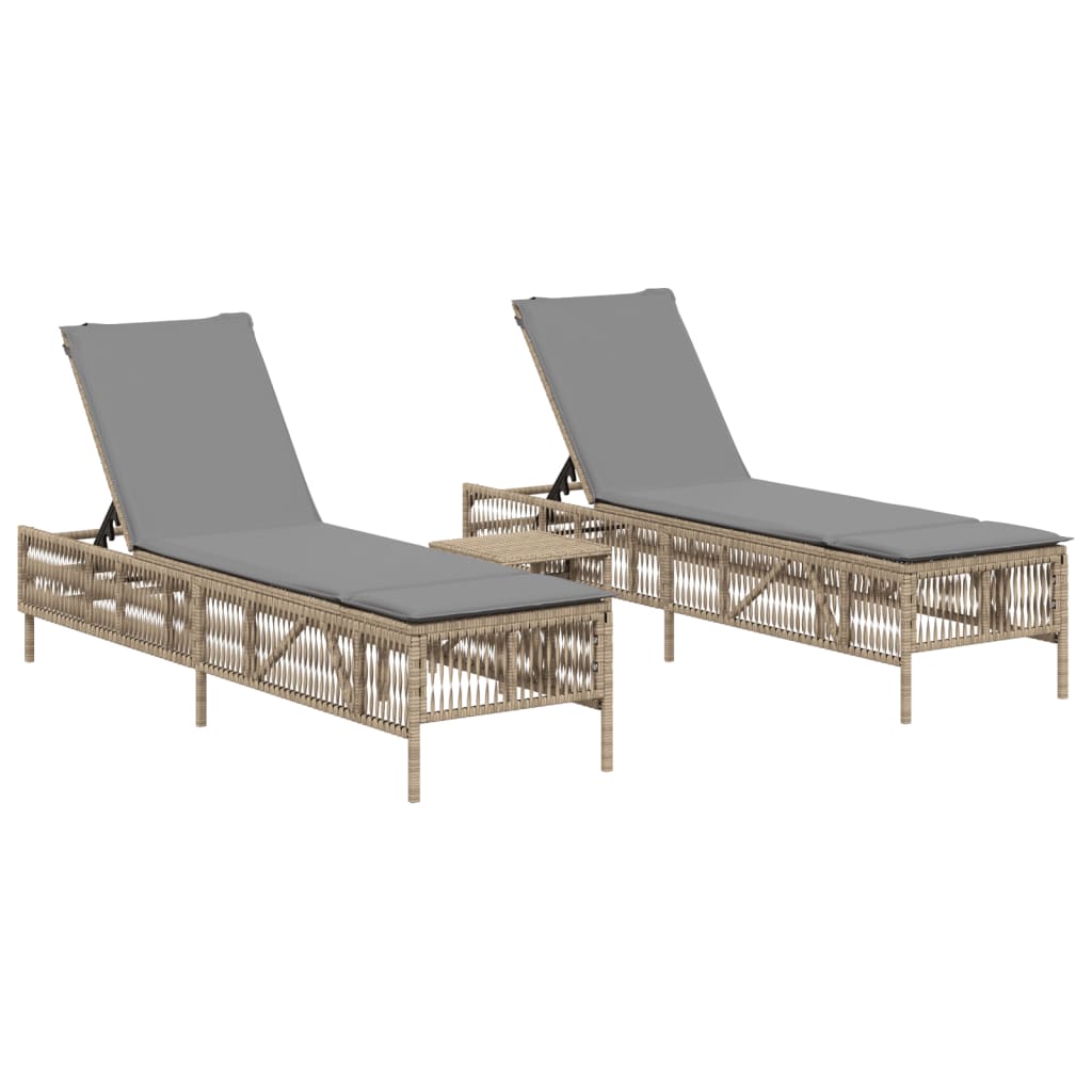 Chaises longues 2 pcs avec table en polyrotin beige