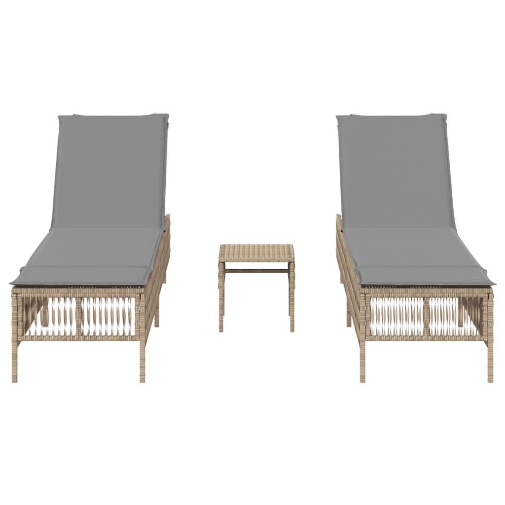 Chaises longues 2 pcs avec table en polyrotin beige