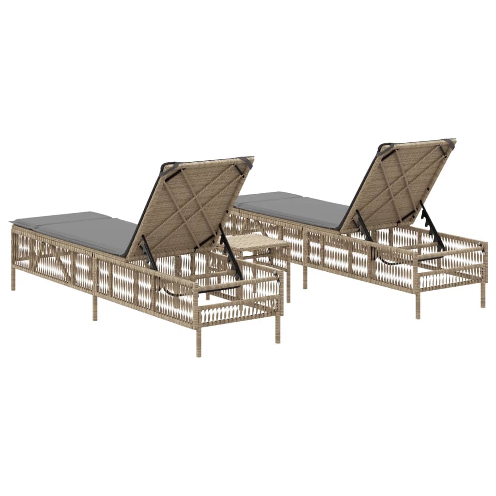 Chaises longues 2 pcs avec table en polyrotin beige