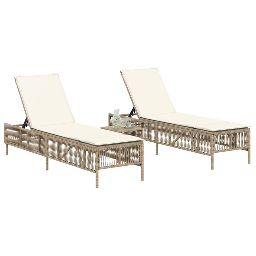 Chaises longues 2 pcs avec table en polyrotin beige