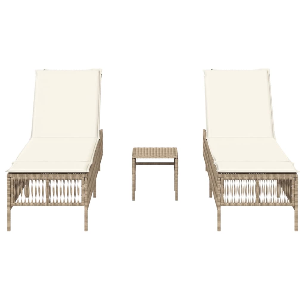 Chaises longues 2 pcs avec table en polyrotin beige