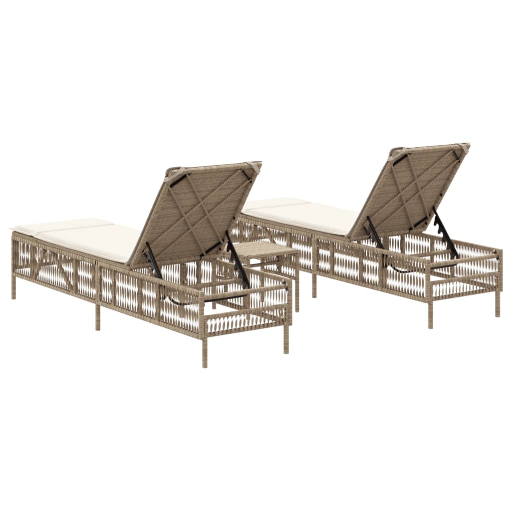 Chaises longues 2 pcs avec table en polyrotin beige