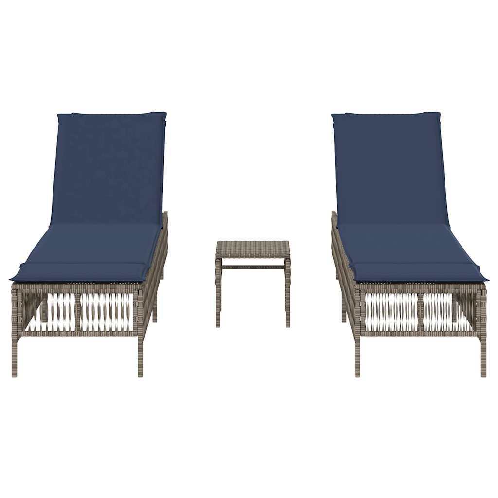 Sonnenliegen 2 Stk. mit Tisch Grau Poly Rattan