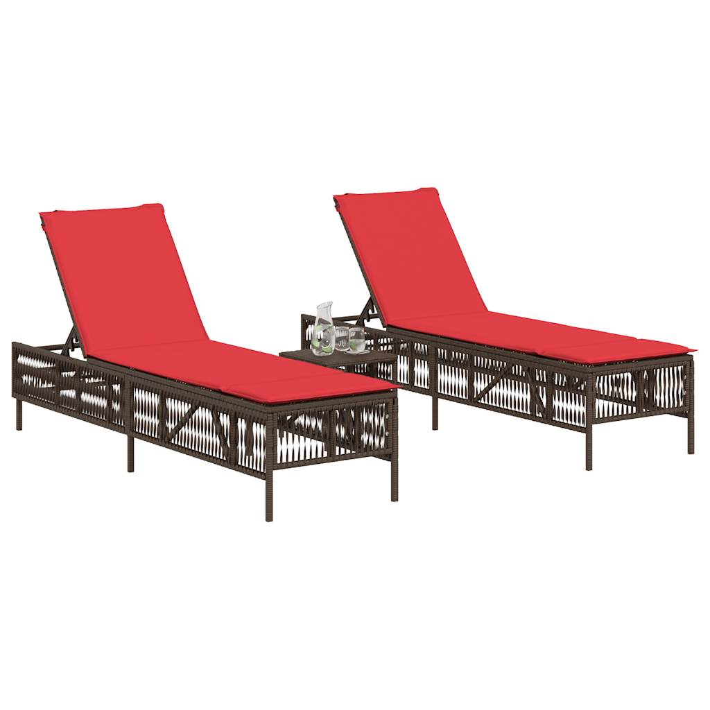 Sonnenliegen 2 Stk. mit Tisch Braun Poly Rattan