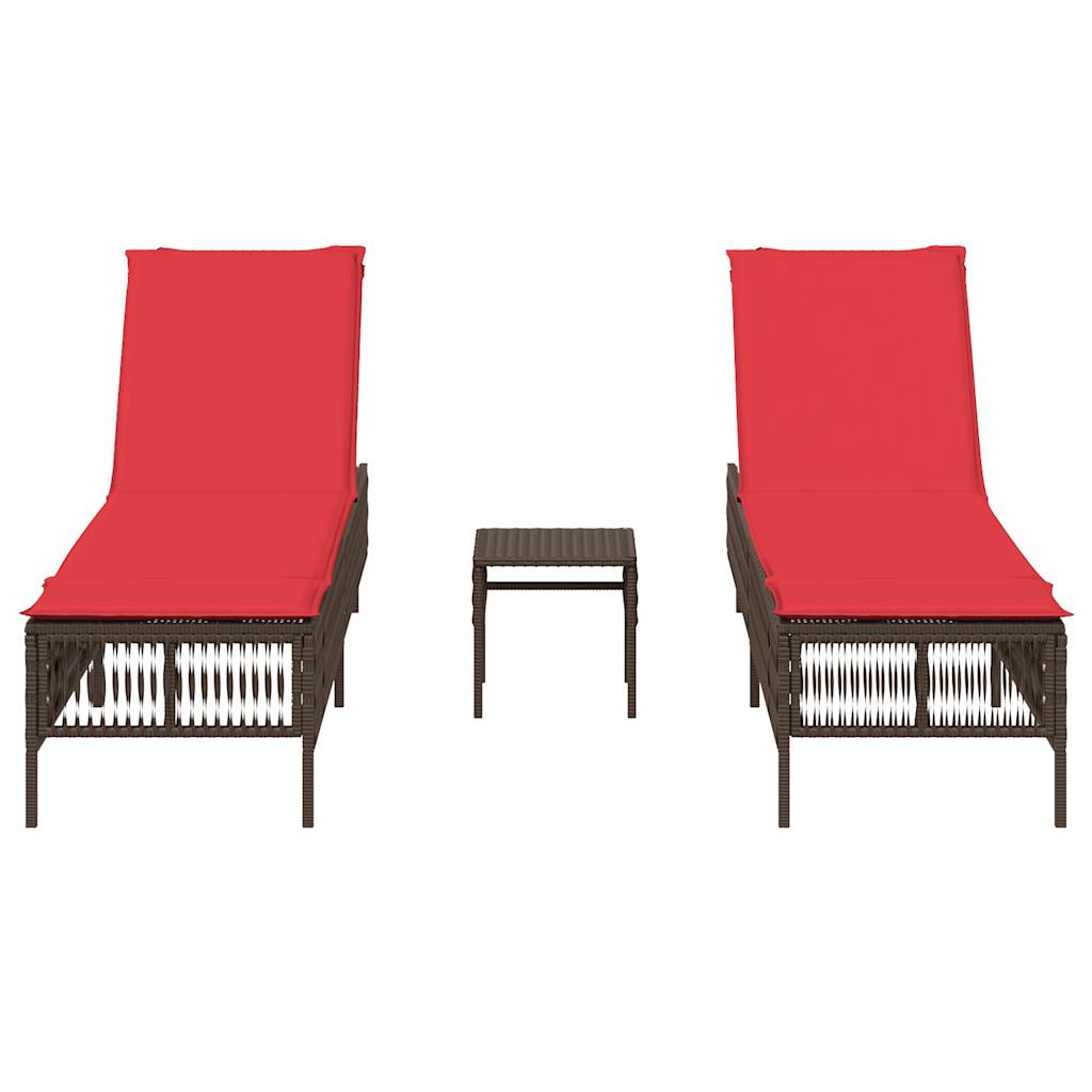 Sonnenliegen 2 Stk. mit Tisch Braun Poly Rattan
