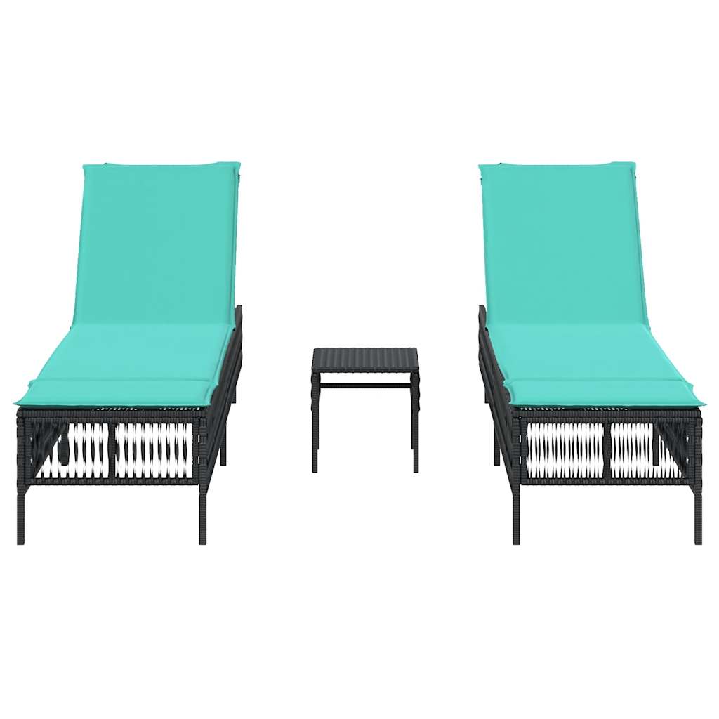 Sonnenliegen 2 Stk. mit Tisch Schwarz Poly Rattan
