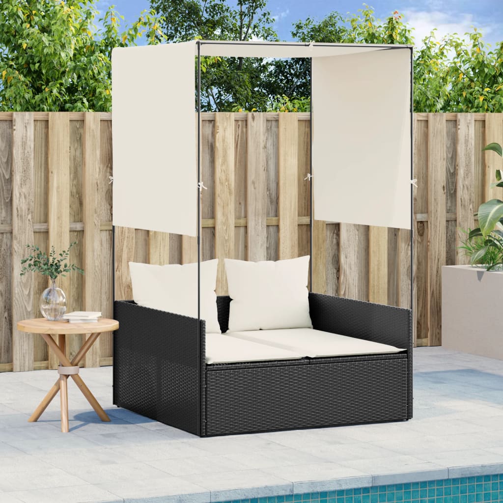 Bain de soleil double avec toit et rideaux Poly Rotin Noir